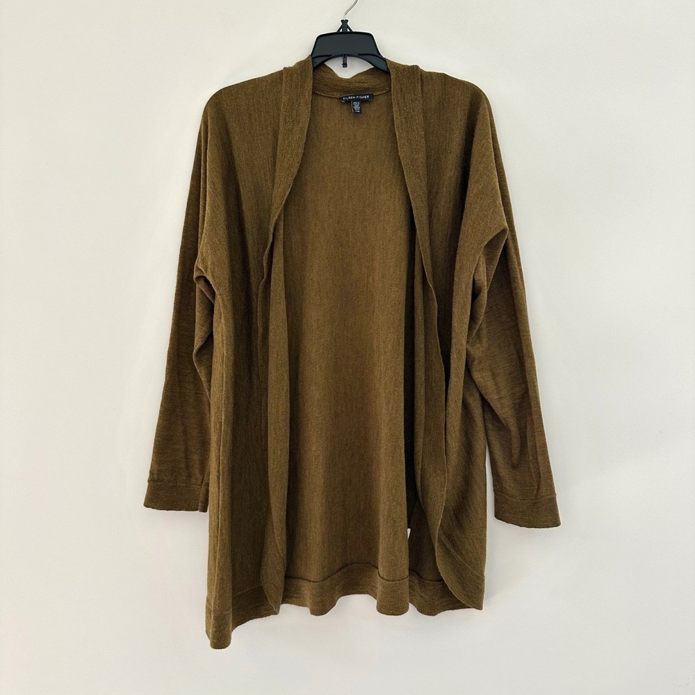 Eileen Fisher 100% Merino Wool Open Front Cardigan Sweater Large Italian Yarn